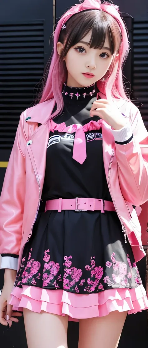 Pure idol girl、whole body、　Good style、、、、、、、、、、Thick legs、、Fluorescent pink formal dress、punk jacket、、Cool Belt、A pure girl&#39;s face、、