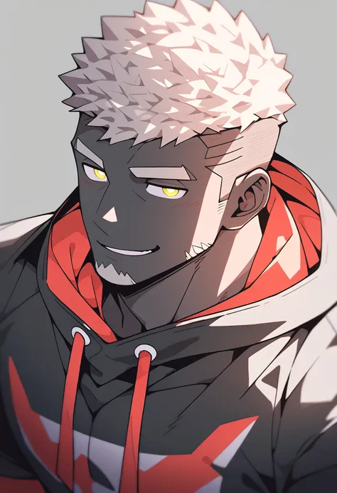 anime characters：Gyee, Young Muscle Sports Sexy Teacher, negro black skin, Manliness, male focus, long-sleeved hooded sweatshirt, Very tight, muscular male, muscular, only, Upper body,  White short hair, Thick eyebrows, stubble, Yellow eyes, Grey backgroun...