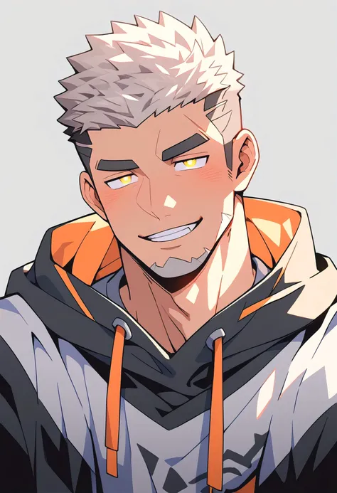 anime characters:Gyee, Young Muscle Sports Sexy Teacher, negro black skin, Manliness, male focus, long-sleeved hooded sweatshirt, Very tight, muscular male, muscular, only, Upper body, White short hair, Thick eyebrows, stubble, Yellow eyes, Grey backgroun...