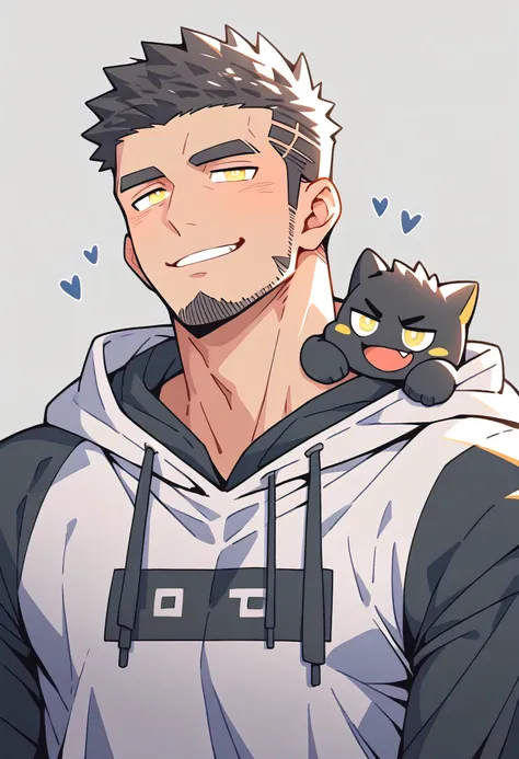 anime characters：Gyee, Young Muscle Sports Sexy Teacher, negro black skin, Manliness, male focus, long-sleeved hooded sweatshirt, Very tight, muscular male, muscular, only, Upper body,  White short hair, Thick eyebrows, stubble, Yellow eyes, Grey backgroun...