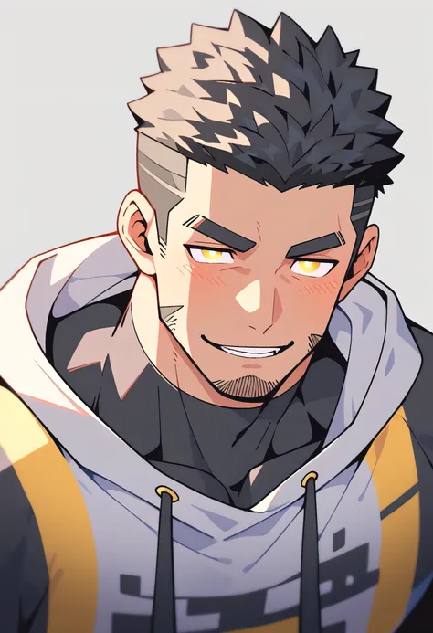 anime characters:Gyee, Young Muscle Sports Sexy Teacher, negro black skin, Manliness, male focus, long-sleeved hooded sweatshirt, Very tight, muscular male, muscular, only, Upper body, White short hair, Thick eyebrows, stubble, Yellow eyes, Grey backgroun...