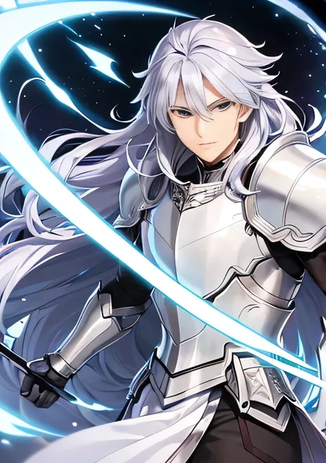 handsome male, anime, comic, cartoon, elegant, wearing armor, white armor with purple highlights, dark silver lining, silver outline, feather design, white long hair, wearing white robe over armor, detailed, cartoon face, 