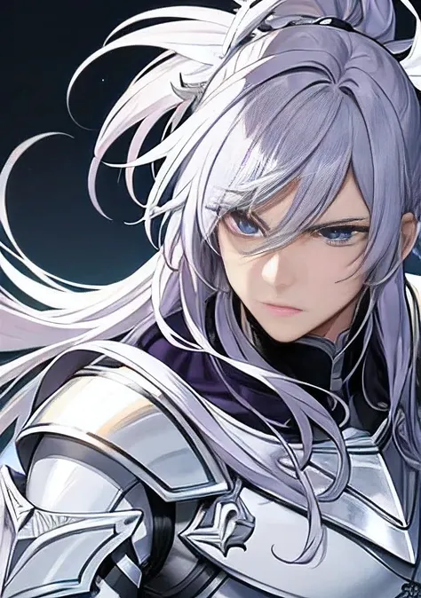 handsome male, anime, comic, cartoon, elegant, wearing armor, white armor with purple highlights, dark silver lining, silver outline, feather design, white long hair, wearing white robe over armor, detailed, cartoon face, 