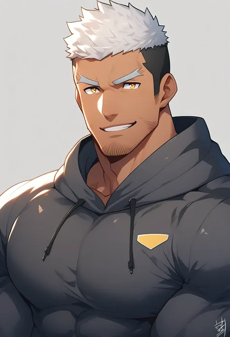 anime characters：Gyee, Young Muscle Sports Sexy Teacher, negro black skin, Manliness, male focus, long-sleeved hooded sweatshirt, Very tight, muscular male, muscular, only, Upper body,  White short hair, Thick eyebrows, stubble, Yellow eyes, Grey backgroun...