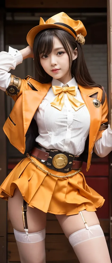 Pure idol girl、whole body、　Good style、、、、、、、、、、Thick legs、、Shiny Orange Fancy Uniform、steampunk jacket（White and Gold）、、halloween belt、A pure girl&#39;s face、、