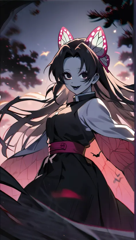 1girl, solo, kochou kanae, kimetsu no yaiba, demon, evil, evil side, black eyes, gray skin, demon eyes, black dress, smile, 