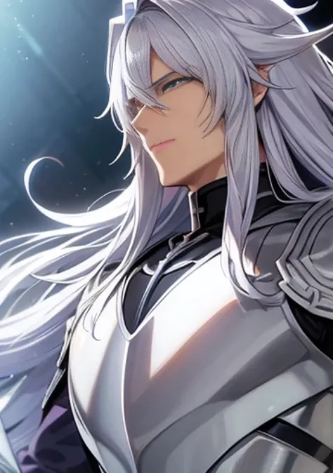 handsome male, anime, comic, cartoon, elegant, wearing armor, white armor with purple highlights, dark silver lining, silver outline, feather design, white long hair, wearing white robe over armor, detailed, cartoon face, 