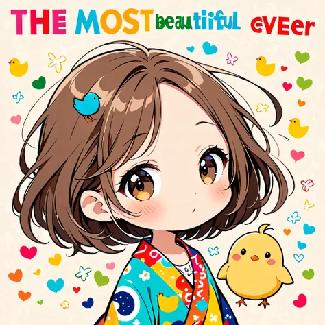 The hyper-realistic and colorful style of Yoshitomo Nara, Simple Line Acronym，Abstract art，(((The most beautiful girl ever))), Chibi, Cute design,  (((Cute chick)))