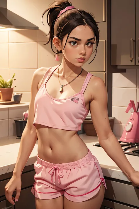 score_9, score_8_up, score_7_up, 1 girl, (flat chest:1.2), wearing very small pink pajama shorts and a skimpy cropped top, leaning against a kitchen counter, ponytail, necklaces,  looking straight at viewer