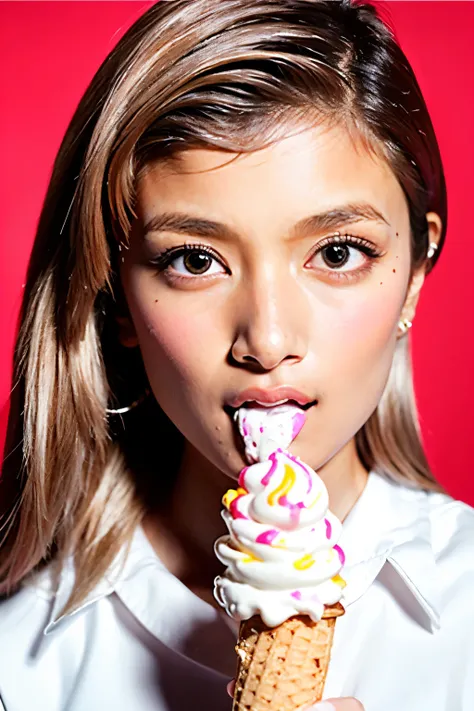masterpiece, best quality, intricate details, extremely detailed, cinematic lighting, solo, 1girl, (eating a soft-serve ice cream in right hand, shovel a soft-serve ice cream into mouth, fully open mouth:1.4), {high ponytail | pigtail}, cute face, extremel...