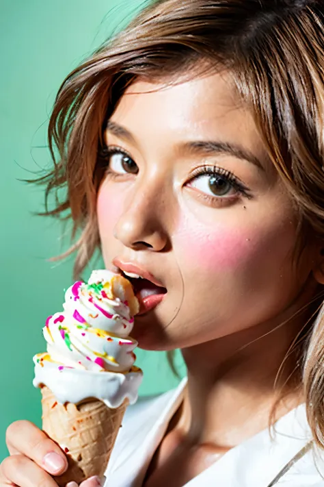 masterpiece, best quality, intricate details, extremely detailed, cinematic lighting, solo, 1girl, (eating a soft-serve ice cream in right hand, shovel a soft-serve ice cream into mouth, fully open mouth:1.4), {high ponytail | pigtail}, cute face, extremel...