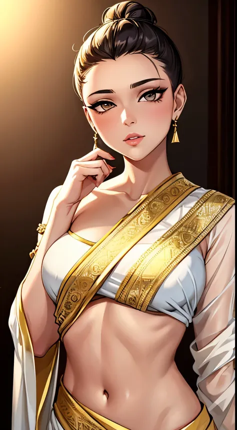 Amazing portrait of a sexy woman with her hair tied back in a low bun with her eyes emphasised by smokey eyeliner gazing at us seductively with her perfect lips parted wearing gold blouse and a white saree with gold embroidery that showcases the creamy exp...