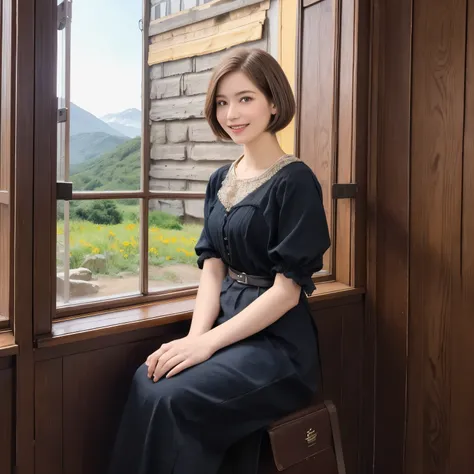 298 (20-year-old woman,Short Bob Hair), (A kind smile), (colorful), (The view outside the window), (Majestic Mountain々), (Rembrandt painting), (Stable)