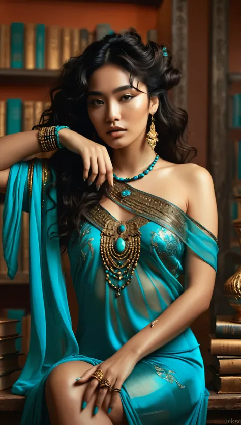 (Half-Asian, Asian-European, woman with black wavy hair in the style of a greek goddess. bronze skin. Aphrodite, goddess, divine aura) (turquoise and bronze colors) (high contrast background) (in ancient jewelry on the upper arms, neck, wrists, fingers) (p...