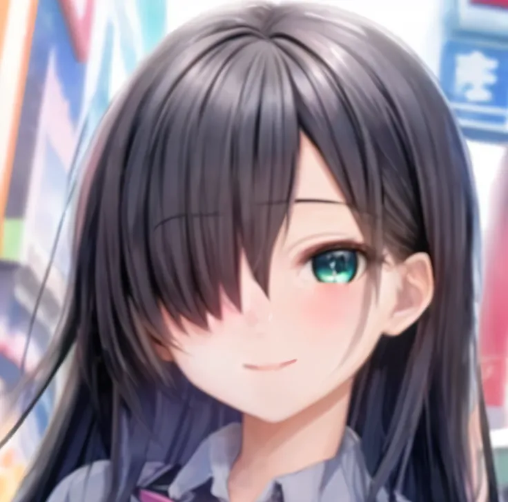 A cool-looking girl anime character。The right eye is covered by long bangs and cannot be seen.。Long black straight hair。Dressed in all black、Wearing a hoodie and a miniskirt。The eyes are turquoise and narrow.。Both hands in pockets。The background is an aban...