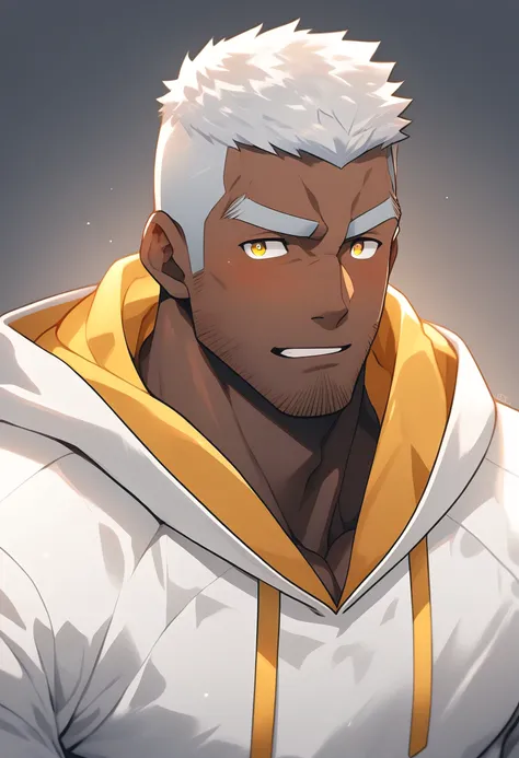 anime characters：Gyee, Young Muscle Sports Sexy Teacher, negro black skin, Manliness, male focus, milky White long-sleeved hooded sweatshirt, Very tight, muscular male, muscular, only, Upper body, White short hair, Thick eyebrows, stubble, Yellow eyes, Gre...