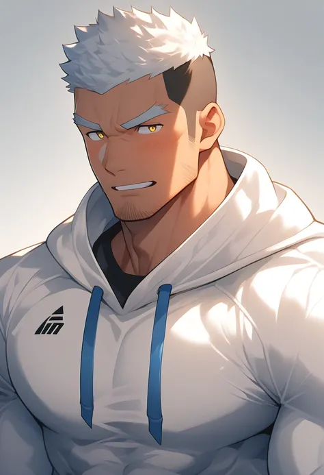 anime characters：Gyee, Young Muscle Sports Sexy Teacher, negro black skin, Manliness, male focus, milky White long-sleeved hooded sweatshirt, Very tight, muscular male, muscular, only, Upper body, White short hair, Thick eyebrows, stubble, Yellow eyes, Gre...