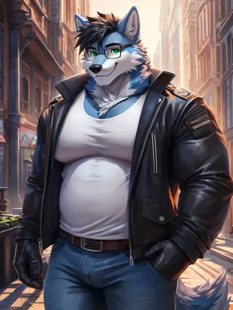 ((best quality)), ((masterpiece)), (Ultra detailed), ((4k)).

Anthro Wolf , Light Blue Fur , Black Hair Color Handsone , Good Looking , Green Eyes ,(Eyes Details), Adult Ages , Huge Pecs , finger details, Bulk Fat,  Neckless , Jacket , 2 layer shirt , Whit...