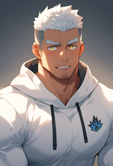 anime characters：Gyee, Young Muscle Sports Sexy Teacher, negro black skin, Manliness, male focus, milky White long-sleeved hooded sweatshirt, Very tight, muscular male, muscular, only, Upper body, White short hair, Thick eyebrows, stubble, Yellow eyes, Gre...