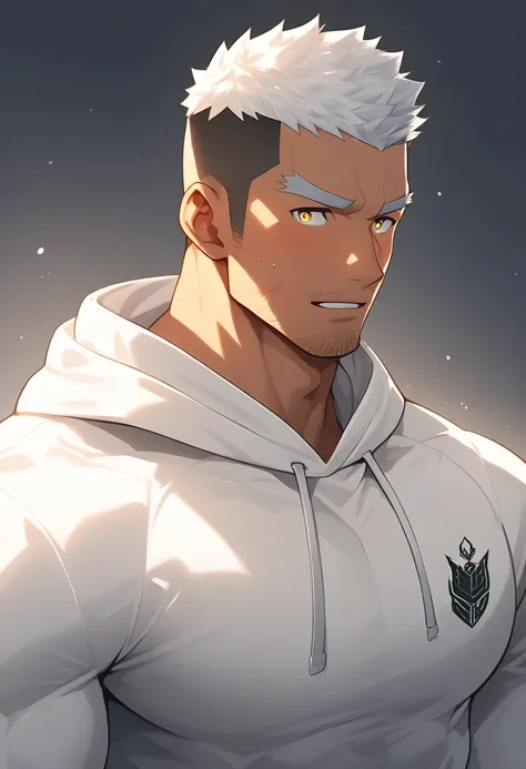 anime characters：Gyee, Young Muscle Sports Sexy Teacher, negro black skin, Manliness, male focus, milky White long-sleeved hooded sweatshirt, Very tight, muscular male, muscular, only, Upper body, White short hair, Thick eyebrows, stubble, Yellow eyes, Gre...