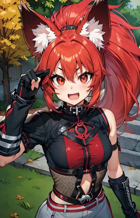 Fox Girl, Red Eyes, Fox Ears, Large Ponytail, Fluffy Ponytail, Mesugaki, Smug, Beautiful Eyes, One Hand Raised, Looking At Viewer, Arrogant Smile, Brat, Bratty, Open Mouth