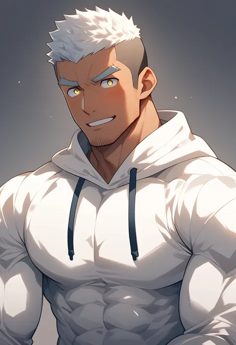 anime characters：Gyee, Young Muscle Sports Sexy Teacher, negro black skin, Manliness, male focus, milky White long-sleeved hooded sweatshirt, Very tight, muscular male, muscular, only, Upper body, White short hair, Thick eyebrows, stubble, Yellow eyes, Gre...