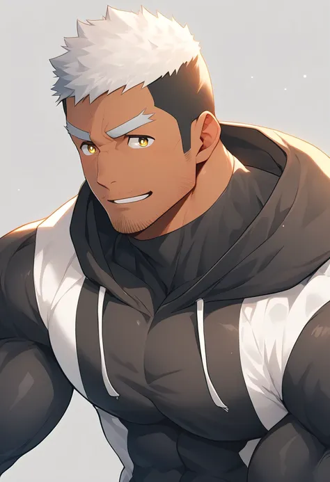 anime characters：Gyee, Young Muscle Sports Sexy Teacher, negro black skin, Manliness, male focus, milky White long-sleeved hooded sweatshirt, Wear a black high-necked tights inside, Very tight, muscular male, muscular, only, Upper body, White short hair, T...