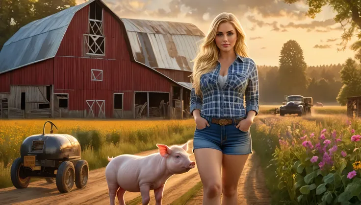 in(photorealistic:1.4), A beautiful curvy Blonde Farm girl wearing a plaid shirt with jean shorts, (very large breasts) her shirt is open exposing her large breasts carrying a piglet under her arm, there is a gothic style barn in the background, a winding...