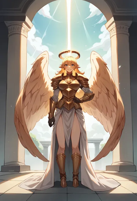 angel woman. He wears golden armor. Large white feathered wings spread out. An aura that completely envelops her. She has golden hair,wavy. In the background of a Greek-style temple. The whole image is illuminated as if light were emanating from the sky.. ...