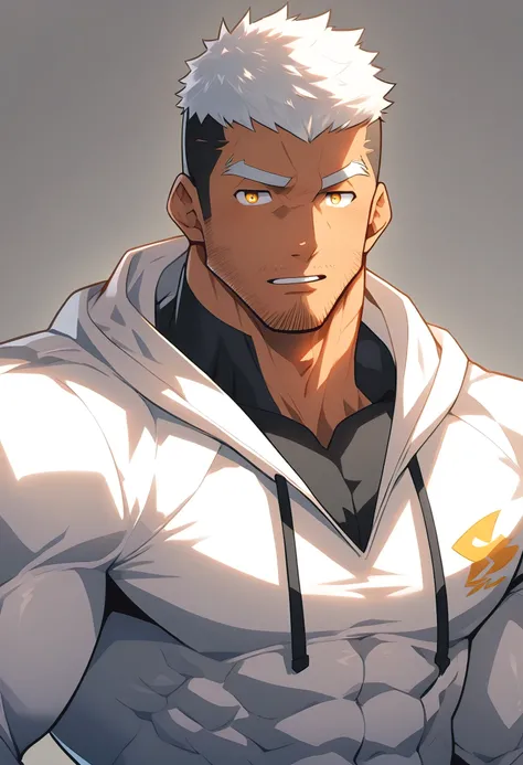 anime characters：Gyee, Young Muscle Sports Sexy Teacher, negro black skin, Manliness, male focus, milky White long-sleeved hooded sweatshirt, Wear a black high-necked tights inside, Very tight, muscular male, muscular, only, Upper body, White short hair, T...