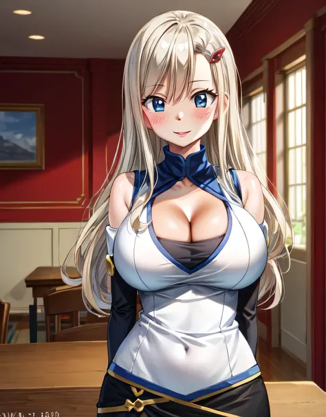 hmrb,cleavage,long hair,hairclip,white shirt,sleeveless,detached sleeves,miniskirt,black skirt,smile,blush,lips,indoor room,blue...