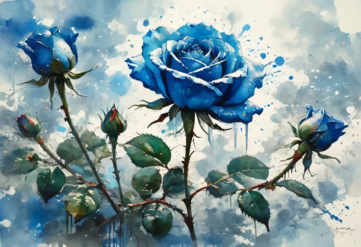 Blue rose painting with splattered background and spray paint effect、By Eugene Zack、Watercolor art、By Carr Lotz、Watercolor、Watercolor style、Watercolor detailed art、By Reuben Tam、Watercolor digital painting、Watercolor、Stunningly detailed Watercolor、Watercol...