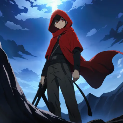 A young man standing on a mountain with a striking red hood and a huge sniper in his hand Anime.high resolution,looking at the viewer, red eyes, Alone, closed mouth, 