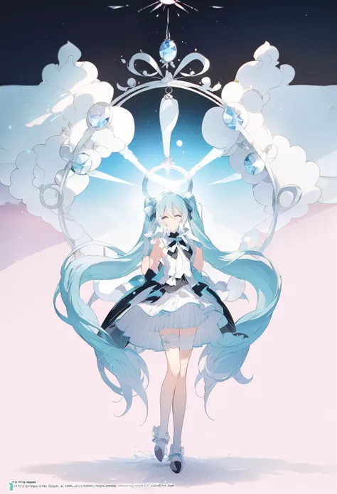 Close-up shot of cartoon character with long hair and dress hanging, Magical girl style, Wearing a skirt,Wearing a dress that looks like a chandelier， Cute anime wearing beautiful skirt, I will deny this, Little Happiness, White and light blue tones, White...