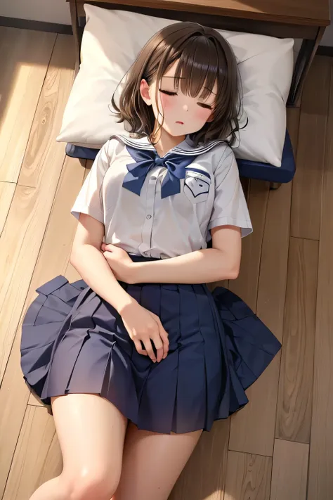 ((junior high school girl))、shiny brown hair, close your eyes and sleep、超fine grain、high quality face, very fine grain,cowboy sh...