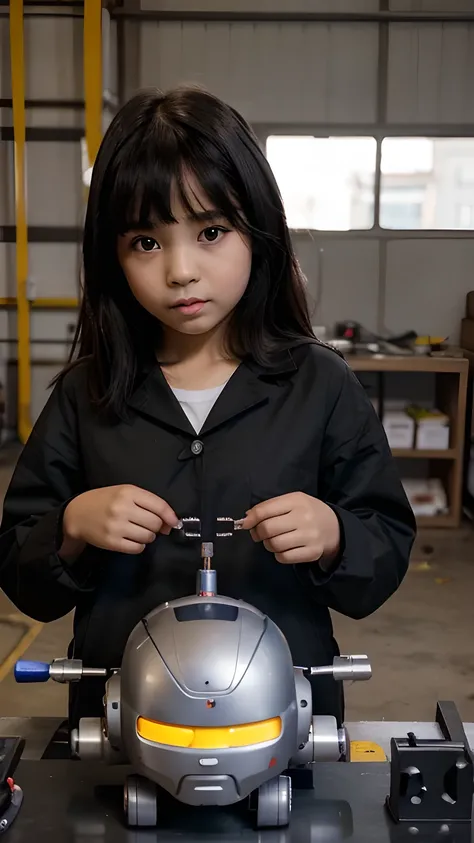 four years old children,beautiful,black hair with bangs,asian face,oval face,wearing mechanic suit,holding a fusion spark,beside her there is a robot prototype in assembling process,background is in technical workshop.(real person,high quality)