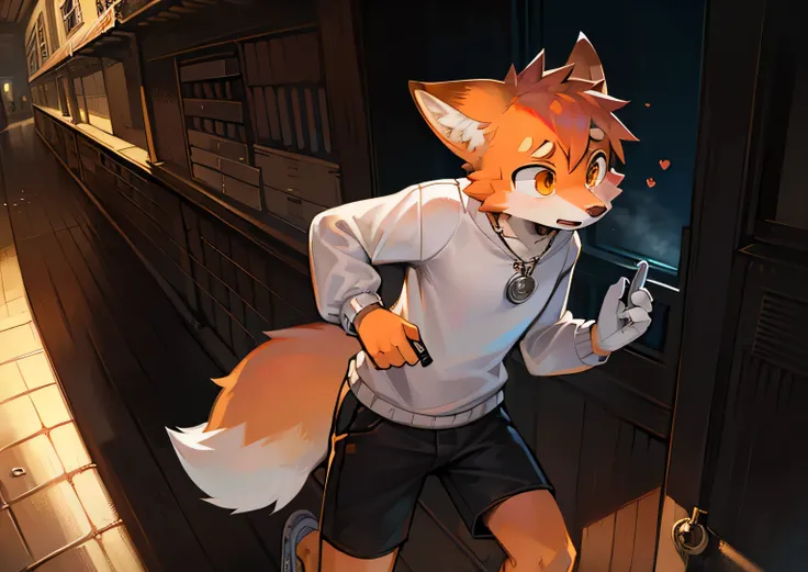 Orange Fox，White sweatshirt，Black shorts，juvenile，Lovely，sideways，run，Pocket watch in hand，Panic look