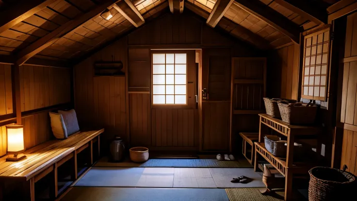 There is a room with a basket, Inside the cabin,  Inside an old hut, the back room, Inside the cabin部のワイドショット, Wooden interior, Creepy back room, Japanese public baths, early morning