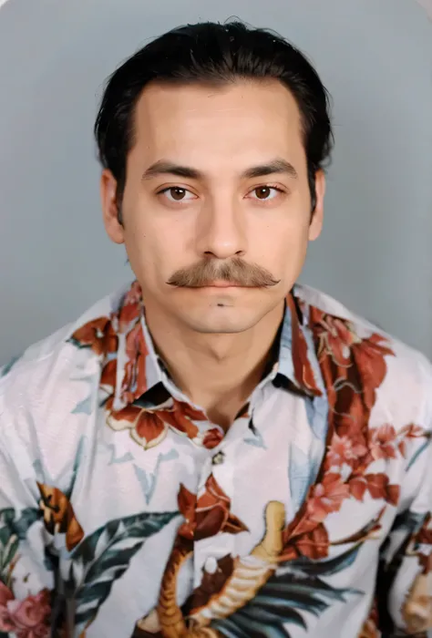 Man with thin moustache wears shirt patterned add same 