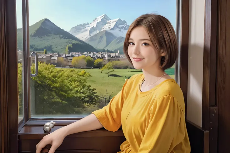 298 (20-year-old woman,Short Bob Hair), (A kind smile), (colorful), (The view outside the window), (Majestic Mountain々), (Rembrandt painting), (Stable)