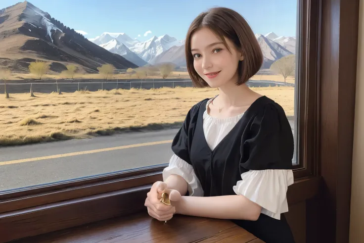 298 (20-year-old woman,Short Bob Hair), (A kind smile), (colorful), (The view outside the window), (Majestic Mountain々), (Rembrandt painting), (Stable)