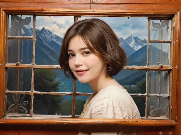 298 (20-year-old woman,Short Bob Hair), (A kind smile), (colorful), (The view outside the window), (Majestic Mountain々), (Rembrandt painting), (Stable)