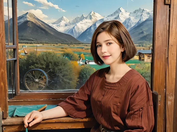 298 (20-year-old woman,Short Bob Hair), (A kind smile), (colorful), (The view outside the window), (Majestic Mountain々), (Rembrandt painting), (Stable)