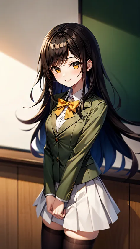 （（super high quality,Ultra-high resolution,16k,super masterpiece,Ultra HD ,Detailed shading,））One high school girl,Long black hair with side-swept bangs,Green and orange odd eyes,White dress shirt with the second button undone,Yellow striped bow tie,Blue-g...