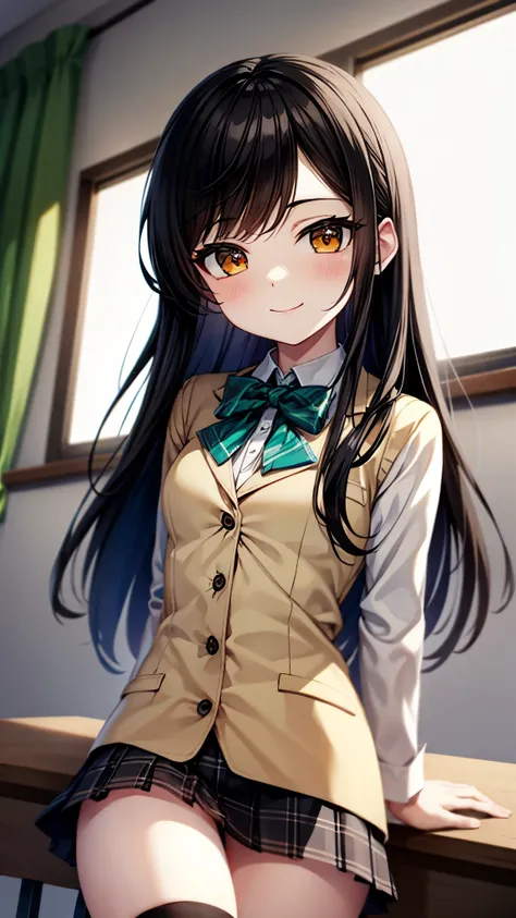 （（super high quality,Ultra-high resolution,16k,super masterpiece,Ultra HD ,Detailed shading,））One high school girl,Long black hair with side-swept bangs,Green and orange odd eyes,White dress shirt with the second button undone,Yellow striped bow tie,Blue-g...