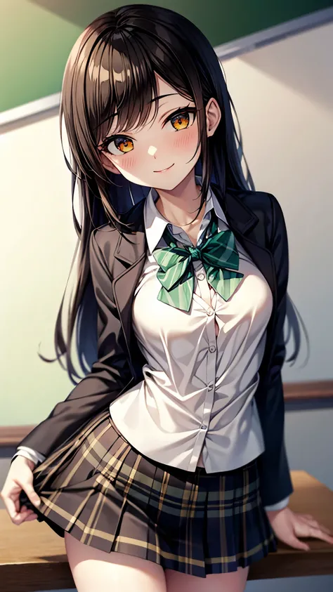 （（super high quality,Ultra-high resolution,16k,super masterpiece,Ultra HD ,Detailed shading,））One high school girl,Long black hair with side-swept bangs,Green and orange odd eyes,White dress shirt with the second button undone,Yellow striped bow tie,Blue-g...