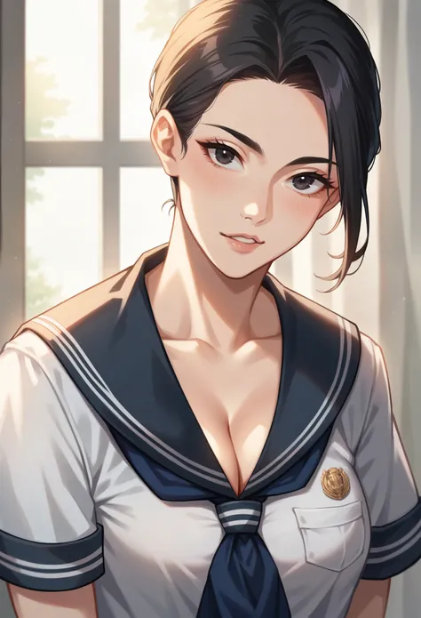 1 girl, (highest quality:1.4), (super detailed), (Highly detailed beautiful face), wonderful face and eyes, black eye, black hair, (sailor suit, school uniform:1.2), (cleavage), Smooth, Highly detailed CG integrated 8k wallpaper, High resolution raw color ...