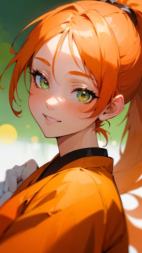 (masterpiece、Best Quality)、Exquisite details、8k、Sharp focus、(Bokeh) (Best Quality) (Skin refinement:1.3) (Exquisite details) (8k) (Detailed) (anime)、Orange themed clothing、Orange Hair、ponytail、Beautiful green eyes、Upper body close-up、smile、I really like it