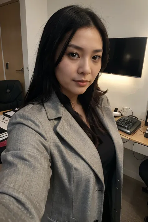 30 years old hong kong office lady, bra, overcoat, closeup selfie, black straight hair