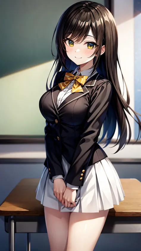 （（super high quality,Ultra-high resolution,16k,super masterpiece,Ultra HD ,Detailed shading,））One high school girl,Long black hair with side-swept bangs,White dress shirt with the second button undone,Turquoise Blazer,Brown checked mini skirt,Black knee so...